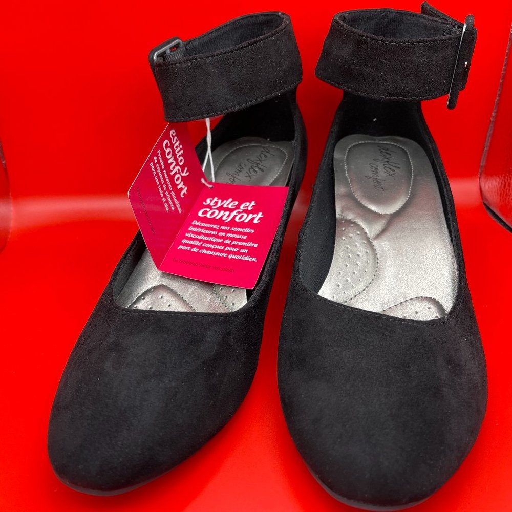 DexFlex Comfort - Black Ankle Strap Wedges - Size 10W